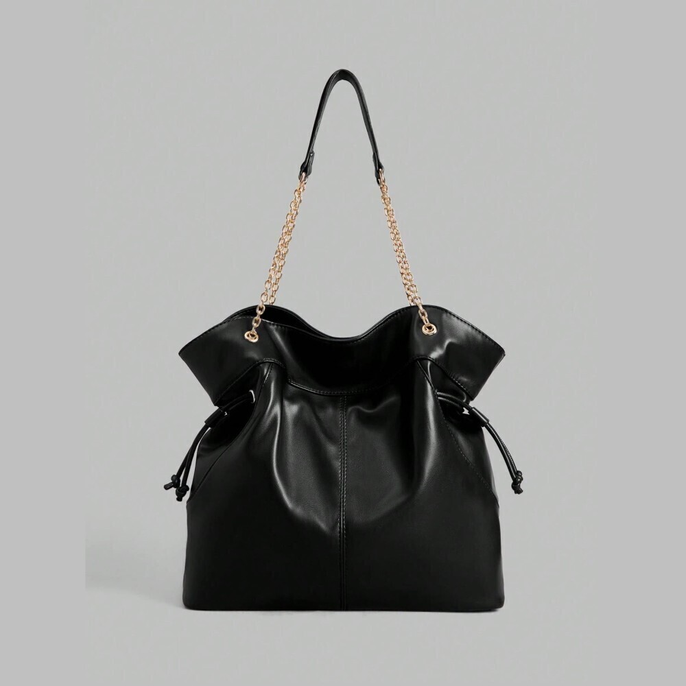 Black Faux Leather Chain Strap Drawstring Slouchy Tote Bag